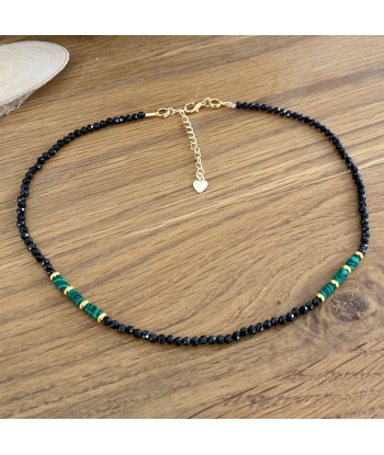 Collier en spinelle noire facettée et malachite "le diamant noir" l'achat 