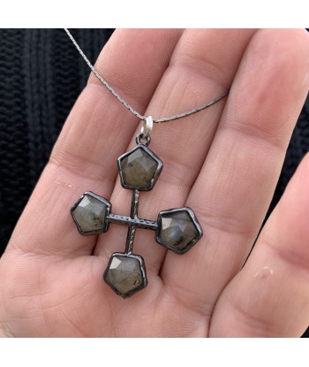 Pendentif croix en labradorite facettée original et moderne, bohème chic Amélioration de cerveau avec