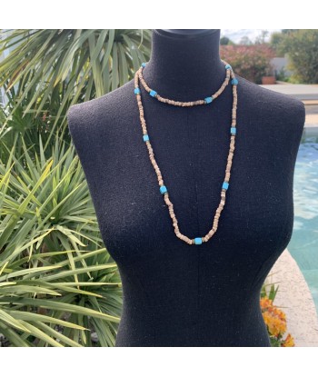 Long collier turquoise et perles de coco, sautoir pour femme shop