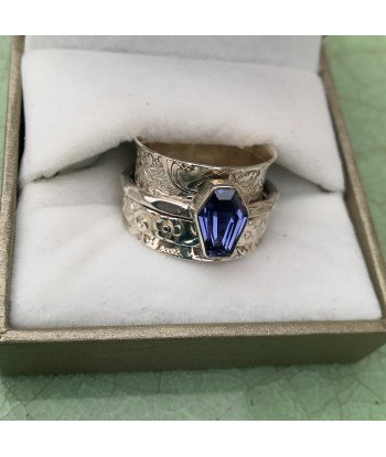 Bague topaze bleue en argent 925, bague spinner, bague cercueil de technologie