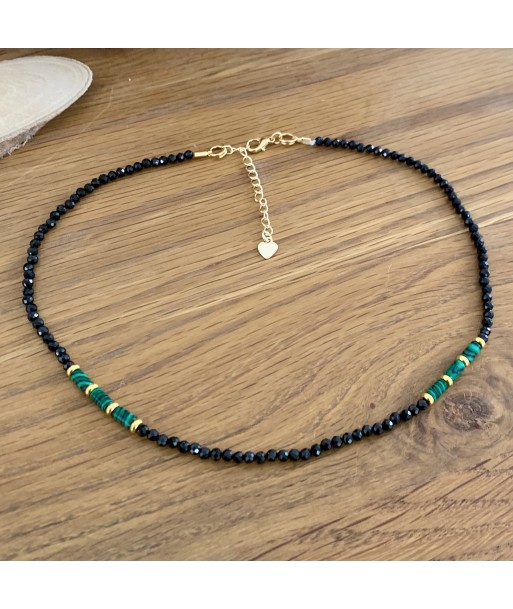 Collier en spinelle noire facettée et malachite "le diamant noir" À commander