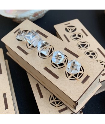 Platonic solids in extra rock crystal in their wooden box, on order solde