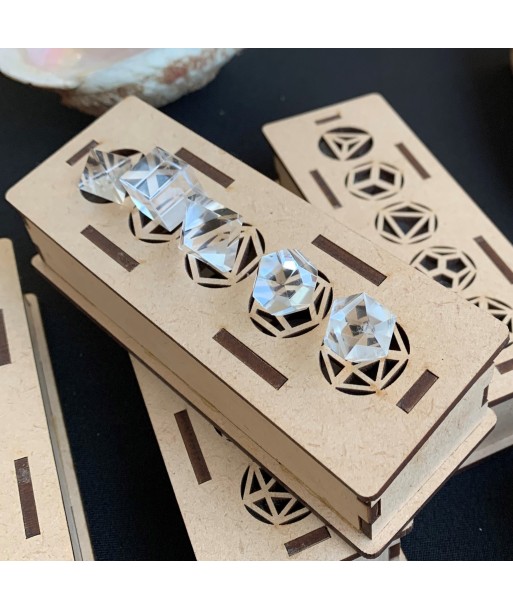 Platonic solids in extra rock crystal in their wooden box, on order solde