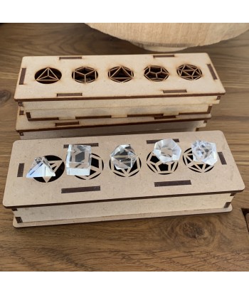 Platonic solids in extra rock crystal in their wooden box, on order solde