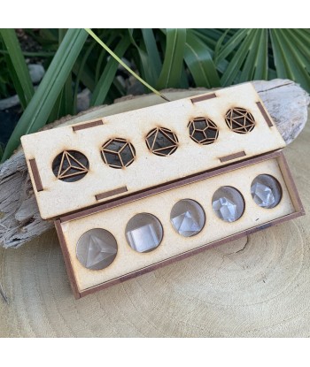 Platonic solids in extra rock crystal in their wooden box, on order solde