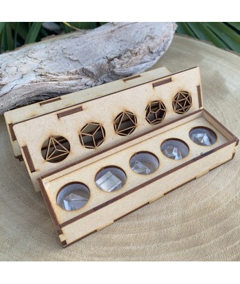 Platonic solids in extra rock crystal in their wooden box, on order solde